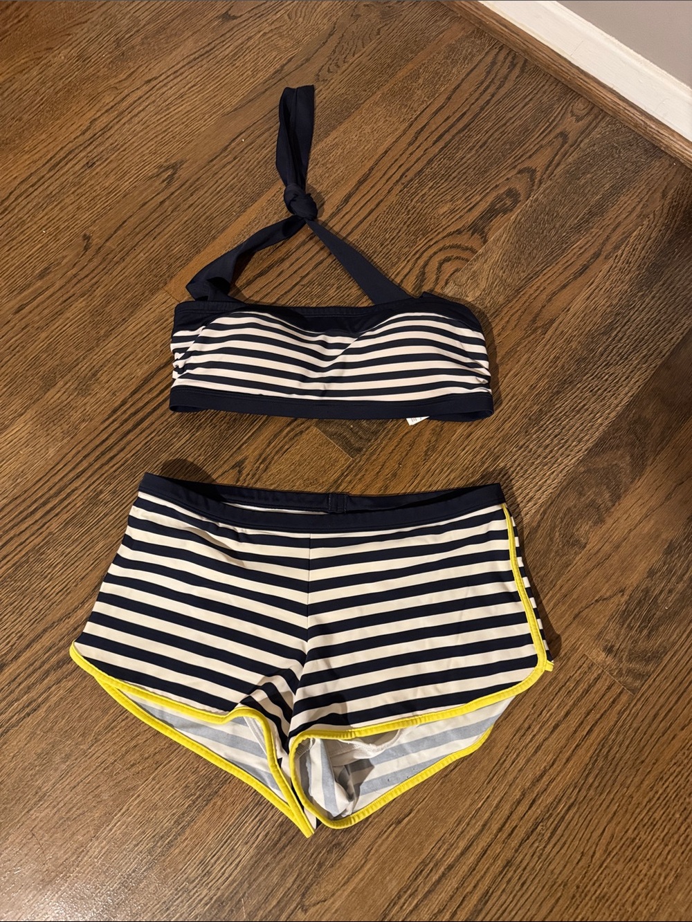 Boden Navy and White Striped Halter top and Boy Short Bikini with Yellow Trim